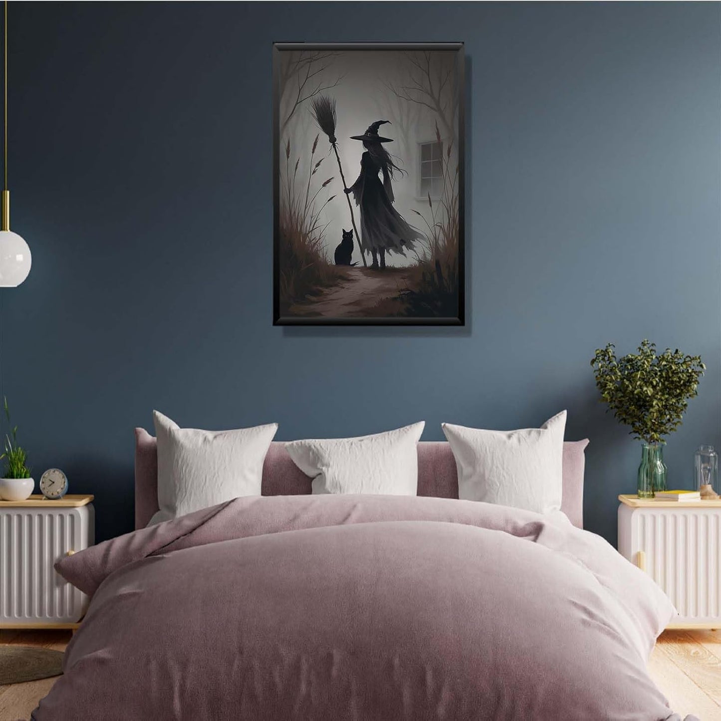 JFHCQJPK Vintage forest witch and black cat poster Halloween mural poster decoration mural art magic suitable for home living room bedroom20x30in Metal blackFramed