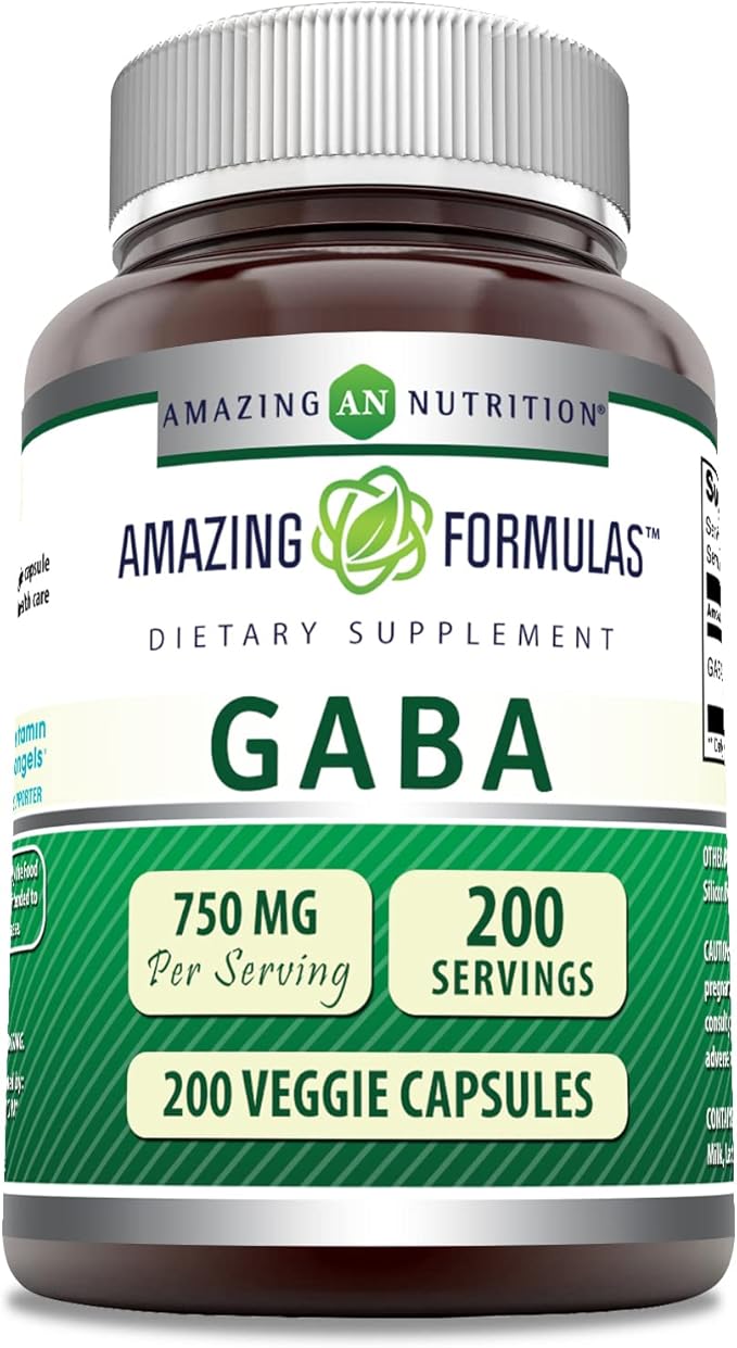 Amazing Formulas GABA 750mg Per Serving Veggie Capsules Supplement | Non-GMO | Gluten Free | Made in USA | Ideal for Vegetarians (200 Count)