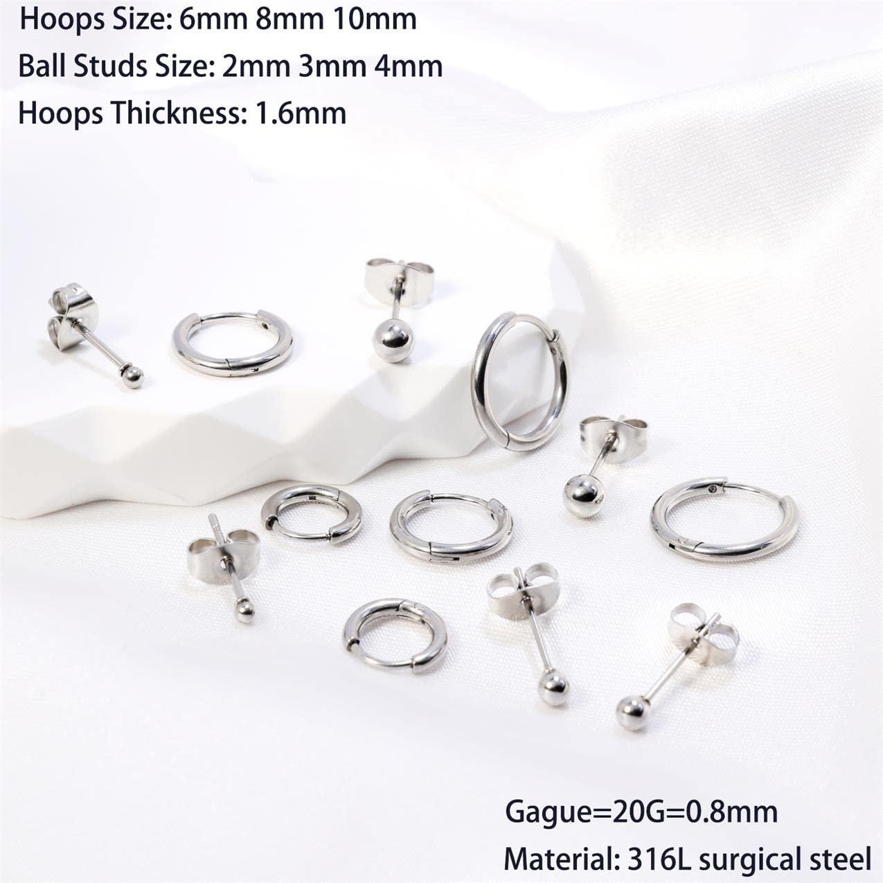 Sweetkiki 6 Pairs Earrings Sets for Multiple Piercing, Lightweight Silver Small HuggieHoop Earrings, Flat Back Tiny Ball Stud Ea