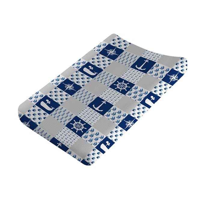 Nautical Life Changing Pad Cover Navy Lighthouse Compass Anchor Whale Wave Diaper Changing Table Cover Sheets for Boys Girls Soft Stretch Fitted Diaper Change Mat Cover 32''x16''