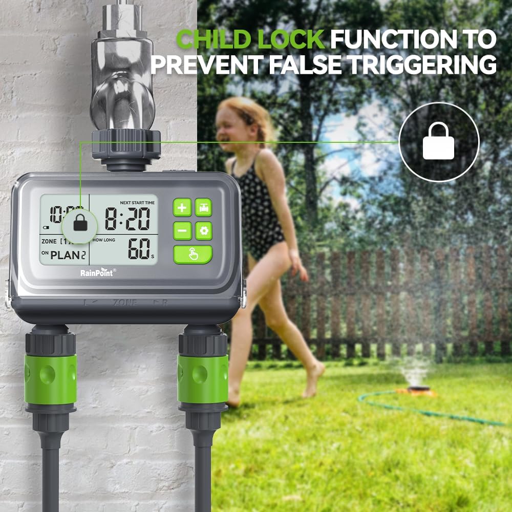 RAINPOINT 2 Zone Smart Water Timer for Garden Hoses - Lawn Sprinkler Timers with Up to 3 Preset Programs, Rain Delay Sensor, Smart Water Hose Timers, Drip Irrigation Timer for Garden Watering System