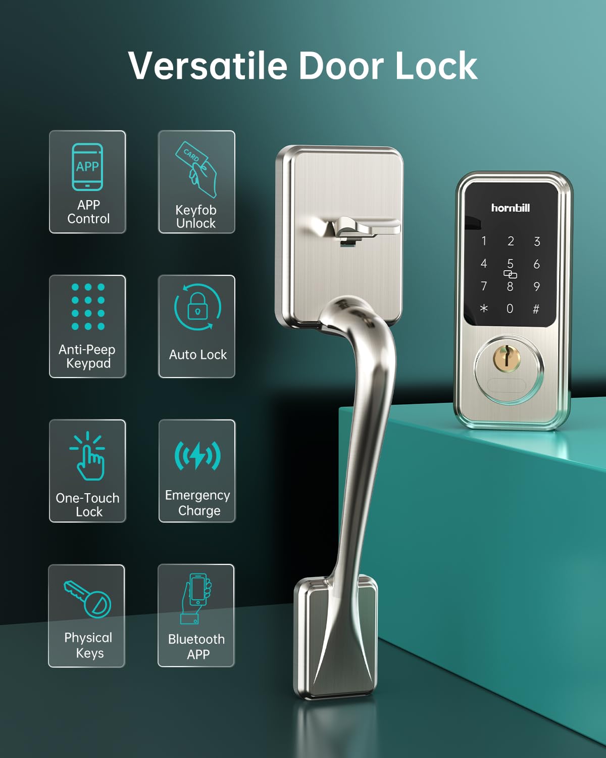 Smart Locks for Front Door, Hornbill Keyless Entry Door Lock Deadbolt with Handle Set, App Control, Touchscreen Keypad, Bluetooth Keyfobs Code Unlock, Satin Nickel