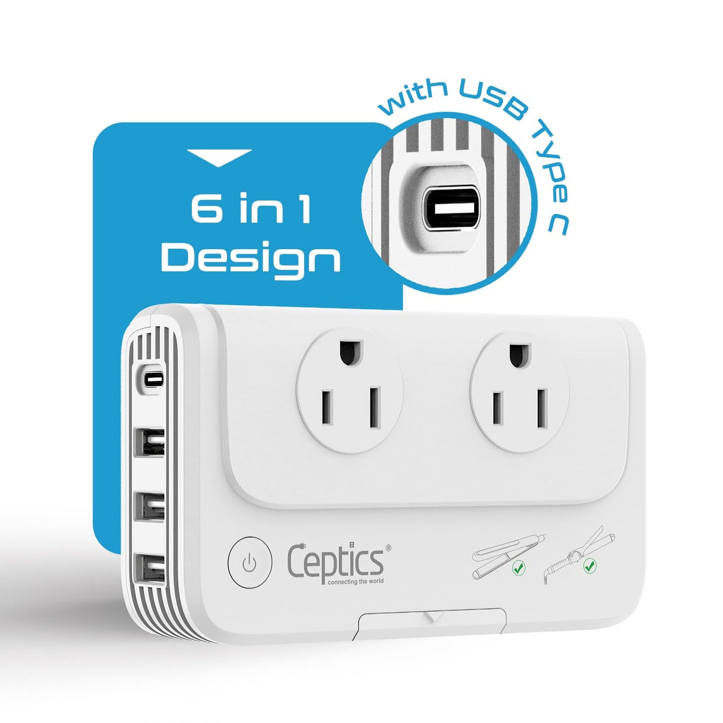 Ceptics Travel Voltage Converter -200W Convert 220V To 110V For Curling Iron, Straightener, Charger Step Down World Power Plug -