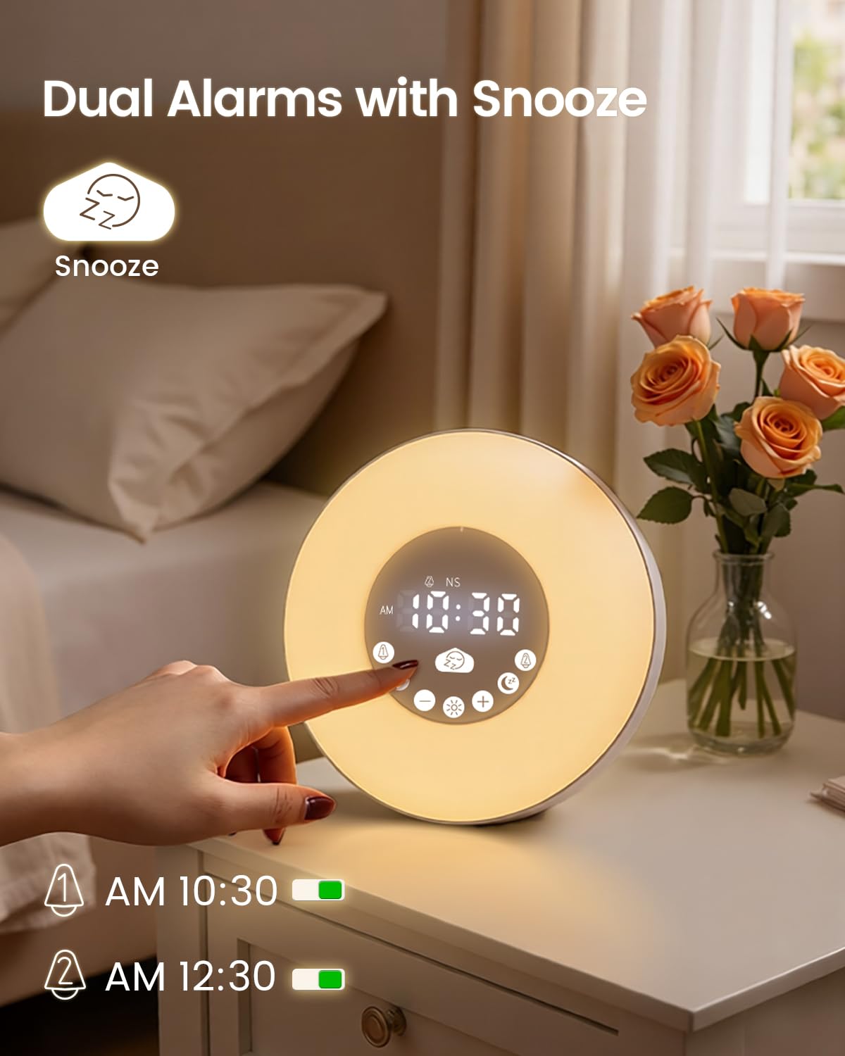 Glocusent 2×5W Stereo Sunrise Alarm Clock, Sleep Aid with Timer, 14 White Noise Tracks, 8 Color Night Light, 10-Level Dimming, Bluetooth Speaker/FM/TF, Dual Alarms with Snooze, Gift for Adults & Kids