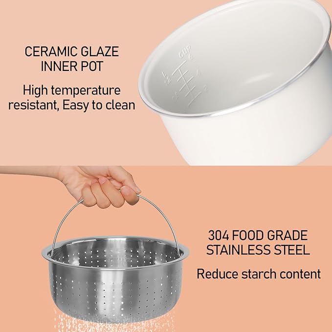 Small Low Carb Rice Cooker 6 Cup, 3L Mini Low Sugar Rice Cooker, with Steamer Basket 5 Cooking Functions Smart Starch Removing 8H Keep Warm for Porridge,Soup,Quick Rice,White Rice(White)