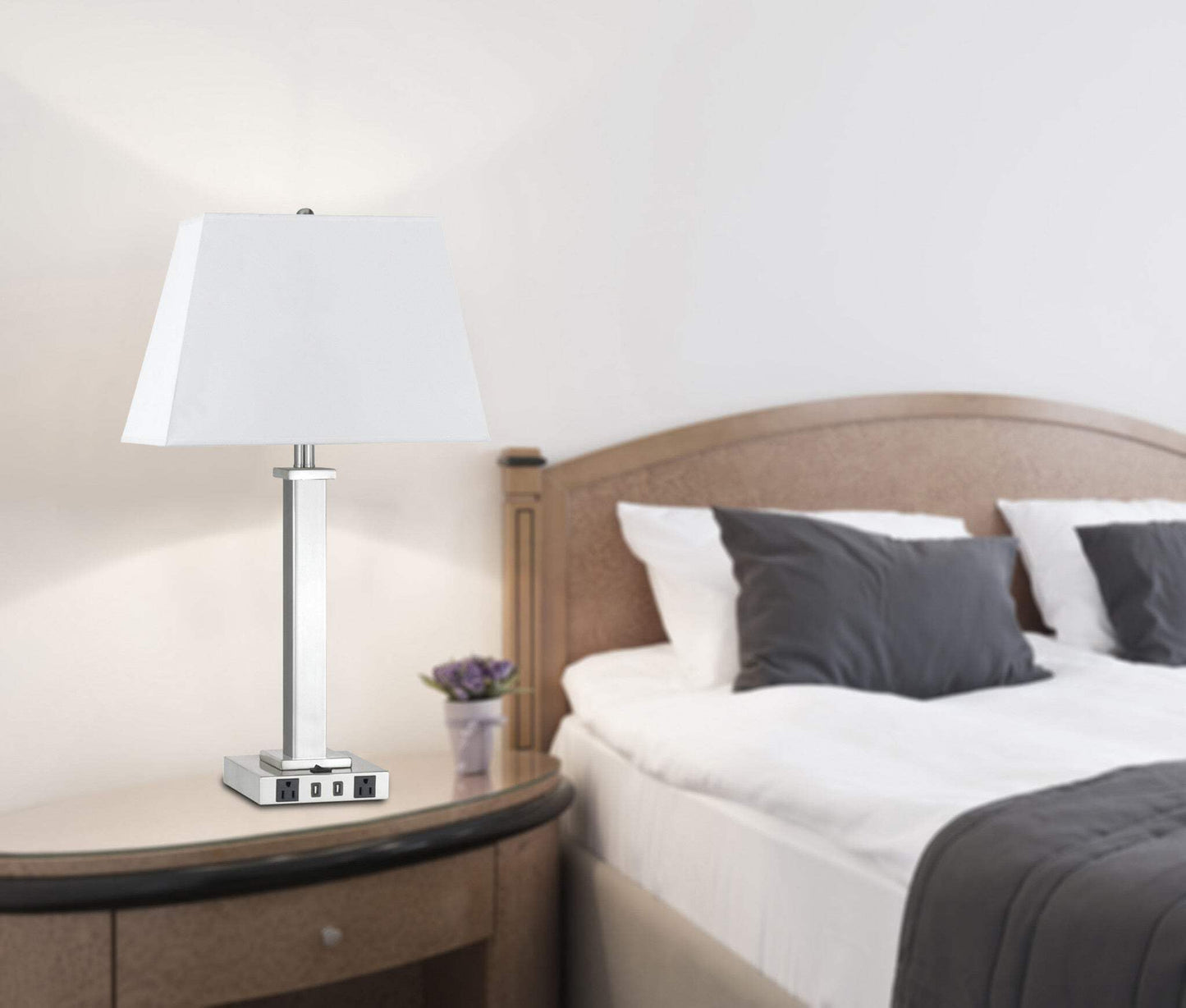 HomeRoots Metal USB Table Lamp with White Novelty Shade, 28 in., Model 524757, Nickel Finish