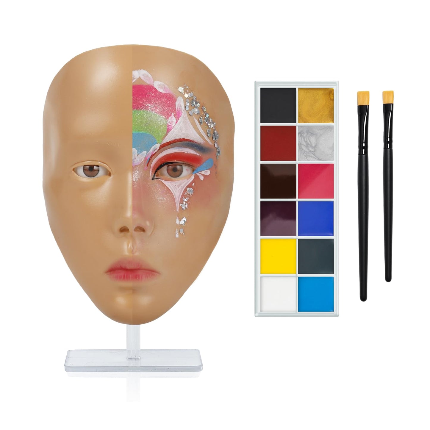 Brown Makeup Practice Board - Face Painting Set with 1 Face, 2 Makeup Brushes for Stage, Halloween & Beginners