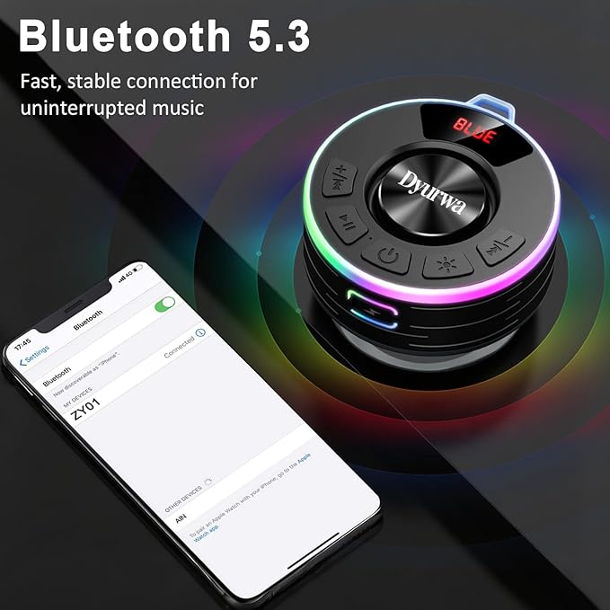 Certified IPX7 Waterproof Shower Bluetooth Speaker, Portable Shower Speaker Loud Clear Sound with Suction Cup, Wireless Portable for Bathroom, Hook Clip, Built-in Mic, 10H Playtime, Great Gift Idea