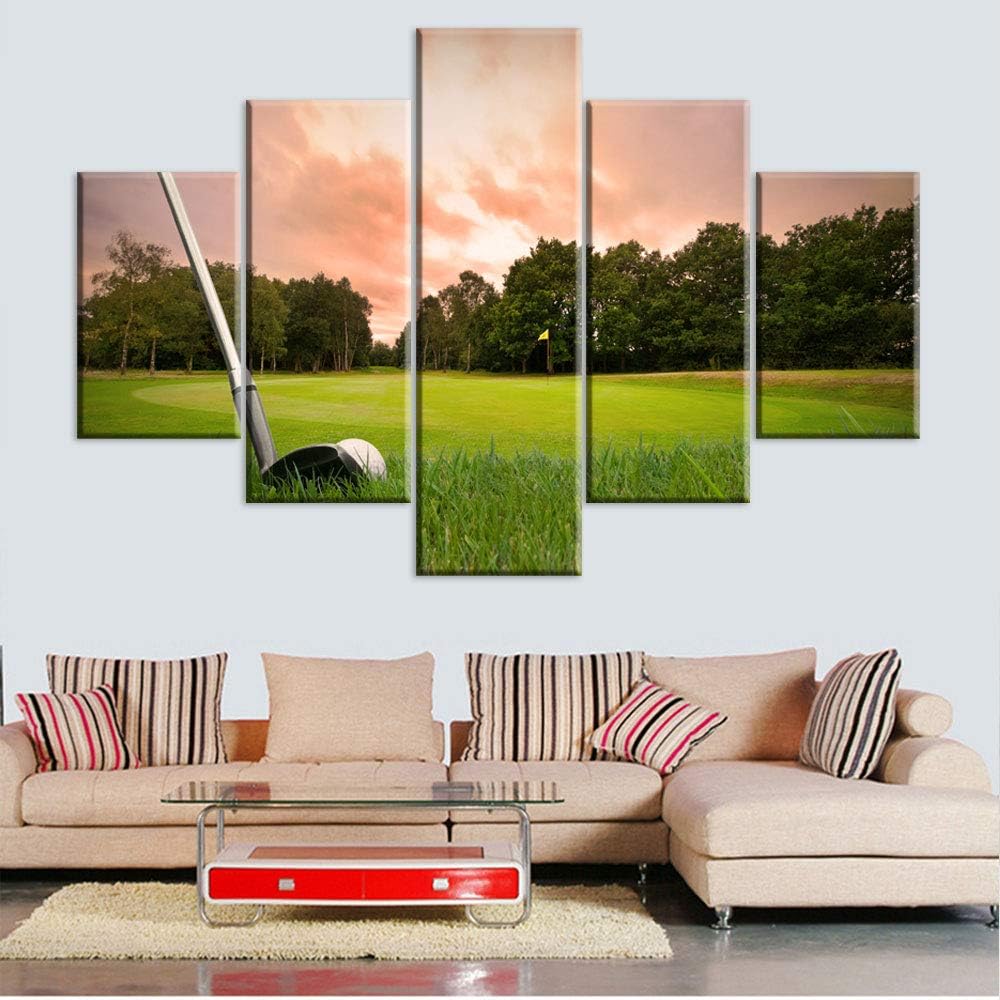5 Pieces Canvas Wall Art Golf Course at Sunset Red Paintings for Living Room Green Lawn Pictures Modern Home Decor Rustic Artwork Gift Wooden Framed Ready to Hang Poster and Prints(60''W x 40''H)