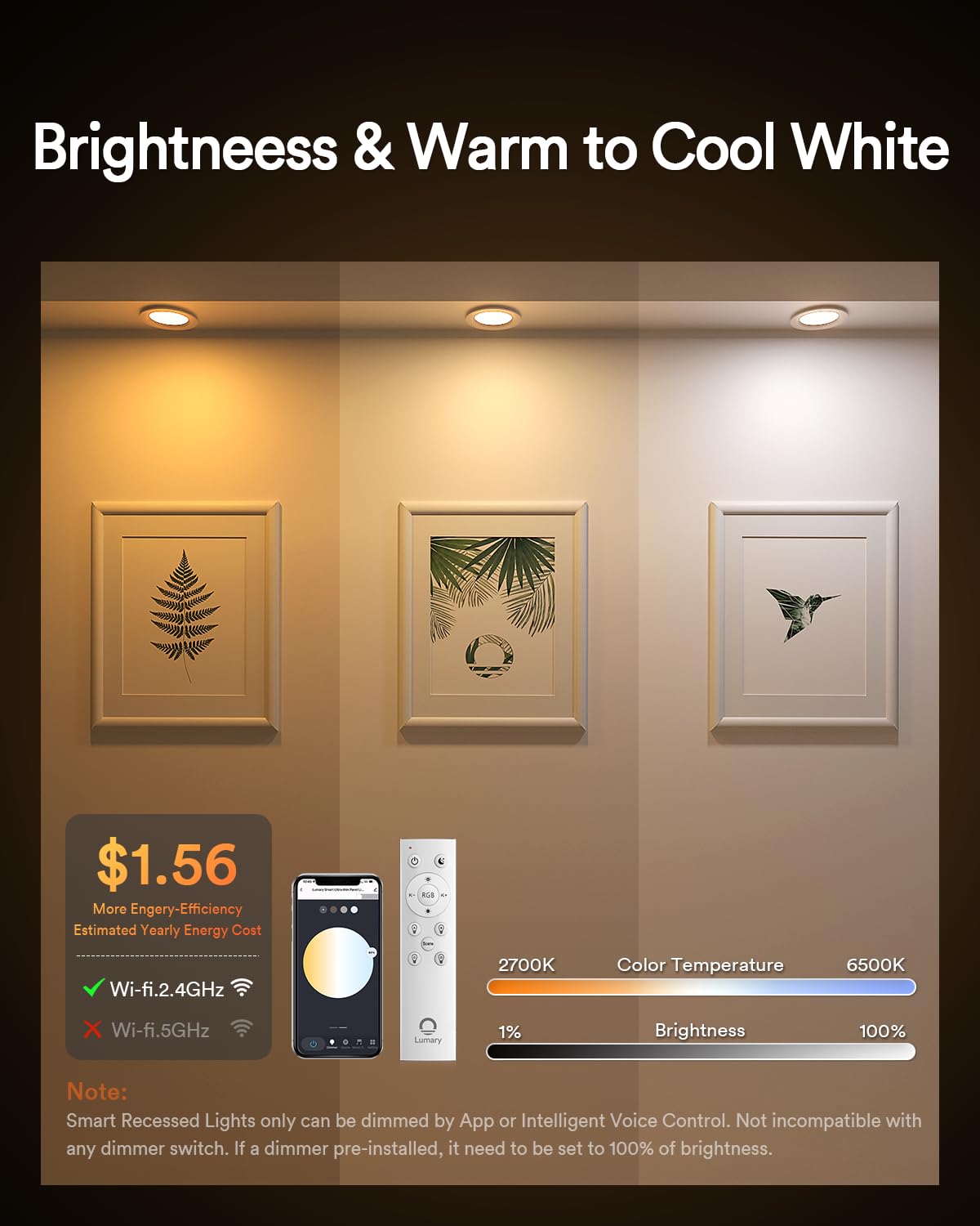 Lumary Smart Recessed Lighting 4 Inch  Canless Wifi Led Recessed Lights 9W  Rgbww Ceiling Downlight With Junction Box Ultra-Thin And Anti-Glare Trim Work With Alexa/Google Assistant/Bt Remote 1Pack