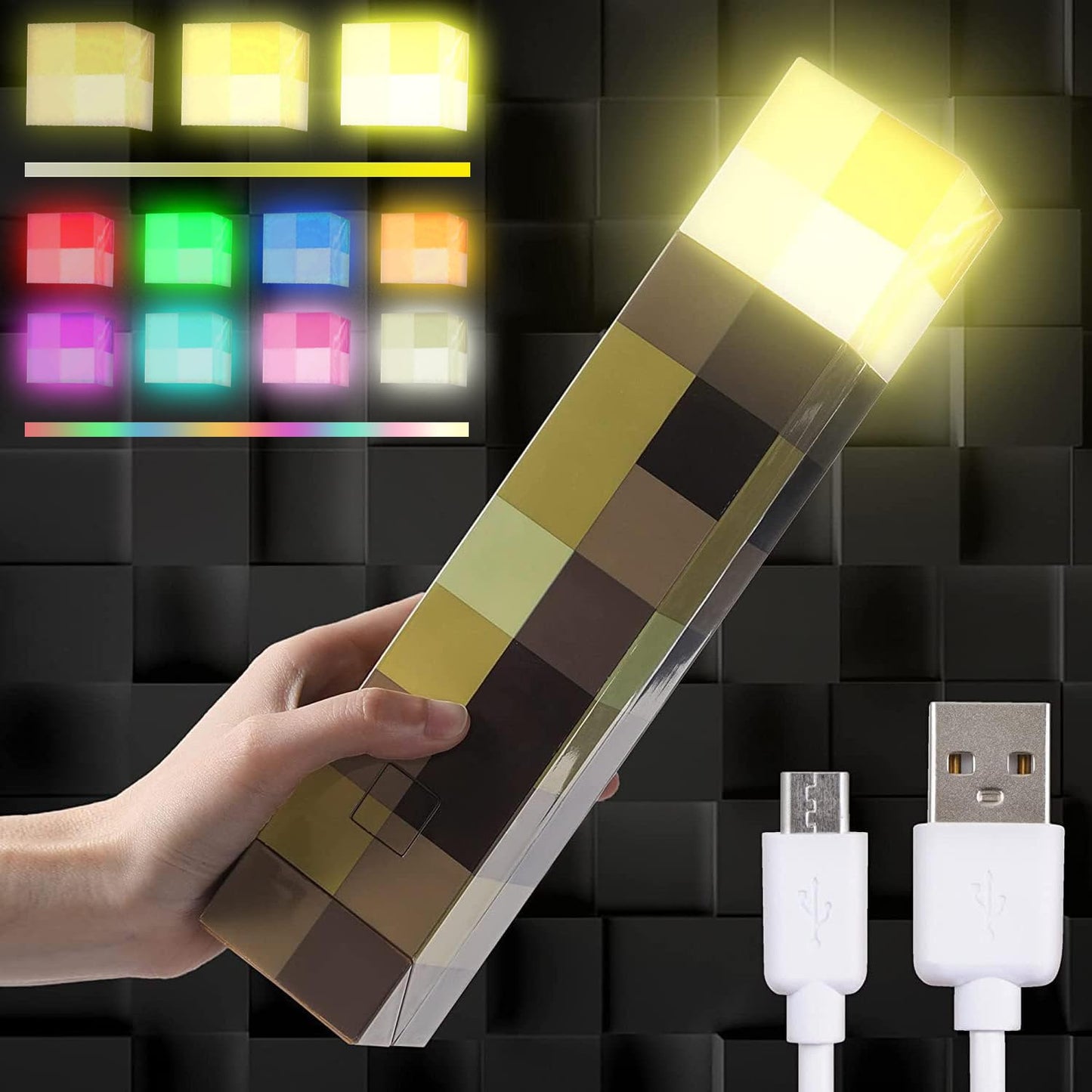 Saderoy Light-up Wall Torch - USB Pluggable Night Lamp, Hand Held or Wall Mount, 7-Color Night Light, Model FL-HUOJUDENG