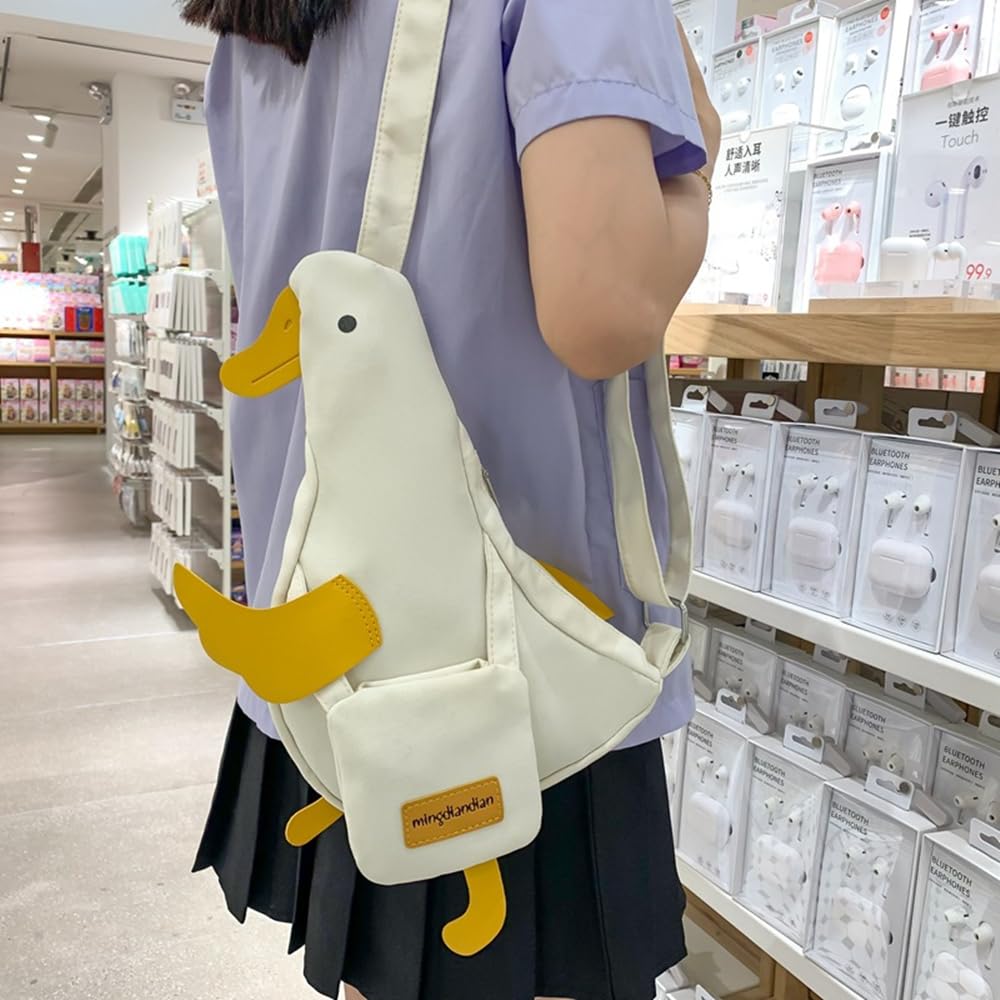 Cute Duck Purse Canvas Messenger Bag Cartoon Chest Wallet Novelty Bag Unisex Funny Shoulder Bag for Girls Women Daily Use ﻿ (White)