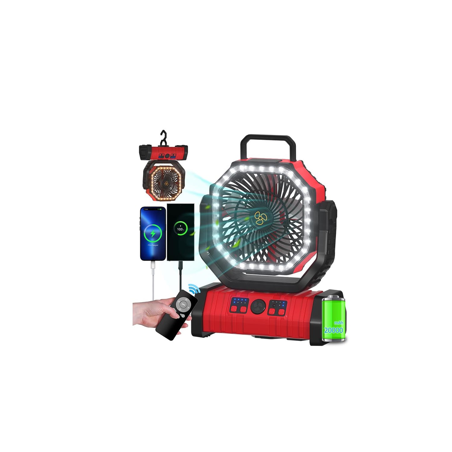 Adust Camping Portable Battery Operated Powered Fan With Led Lantern Light 20000Mah Rechargeable, Oscillating Fan With 360 Rotat