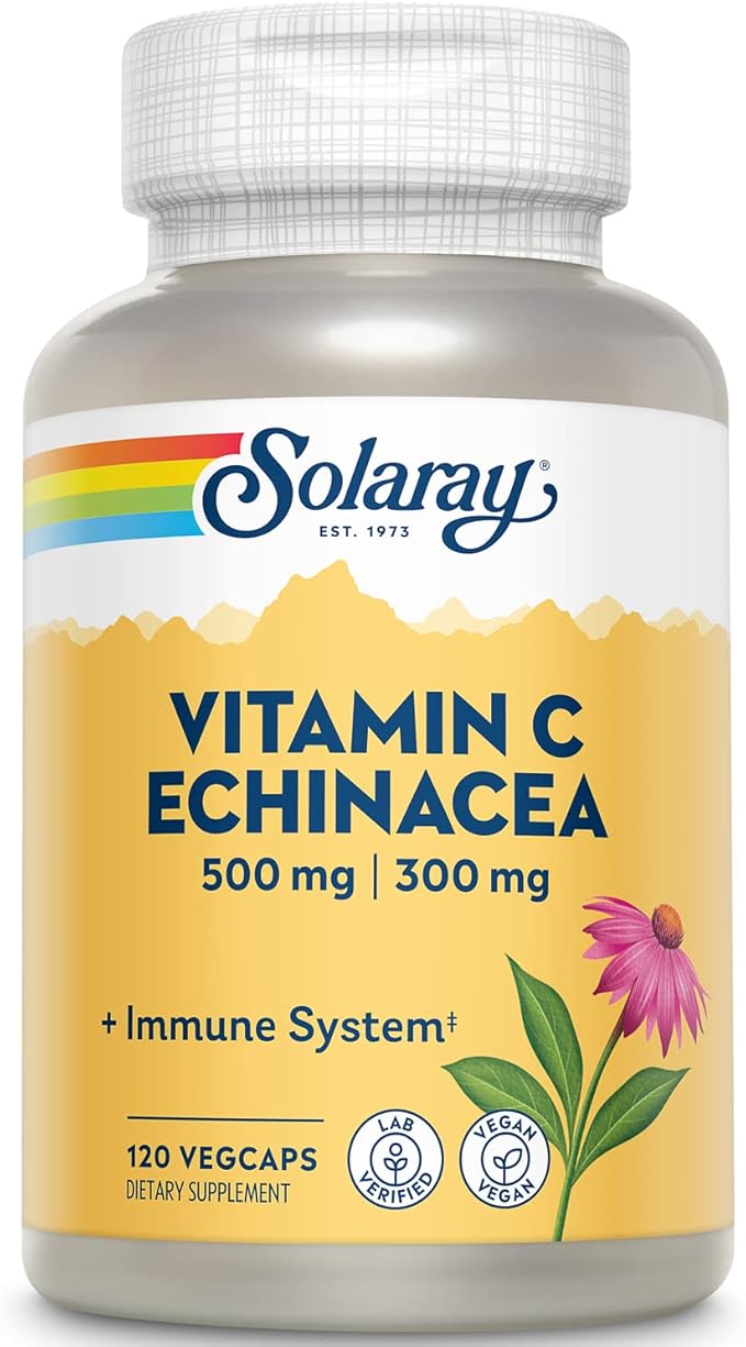 SOLARAY Vitamin C & Echinacea Root | Healthy Immune System Support w/ 500 mg VIT C & 300 mg Echinacea Per Capsule | Non-GMO & Vegan | 120 VegCaps