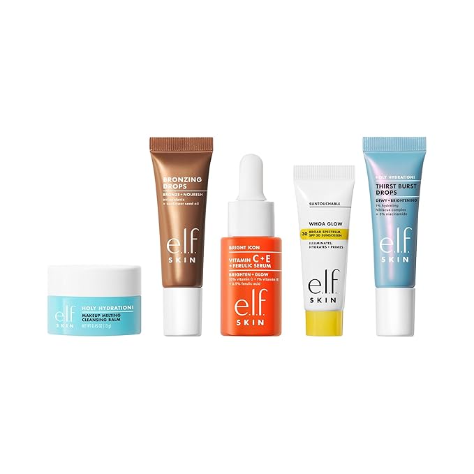 e.l.f. SKIN Best & Obsessed Skincare Kit, Travel-Size Makeup Remover, Sunscreen & Brightening Serums For Glowy Skin, Vegan & Cruelty-Free