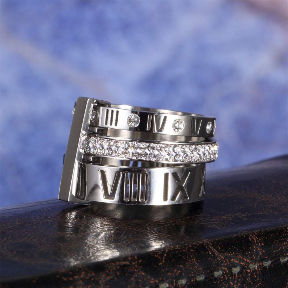 Jarlinwel Stainless Steel CZ Zirconia Roman Numeral Ring For Women Stacking Thumb 3 in 1 Spinner Rings (Silver, 11 Runs small)