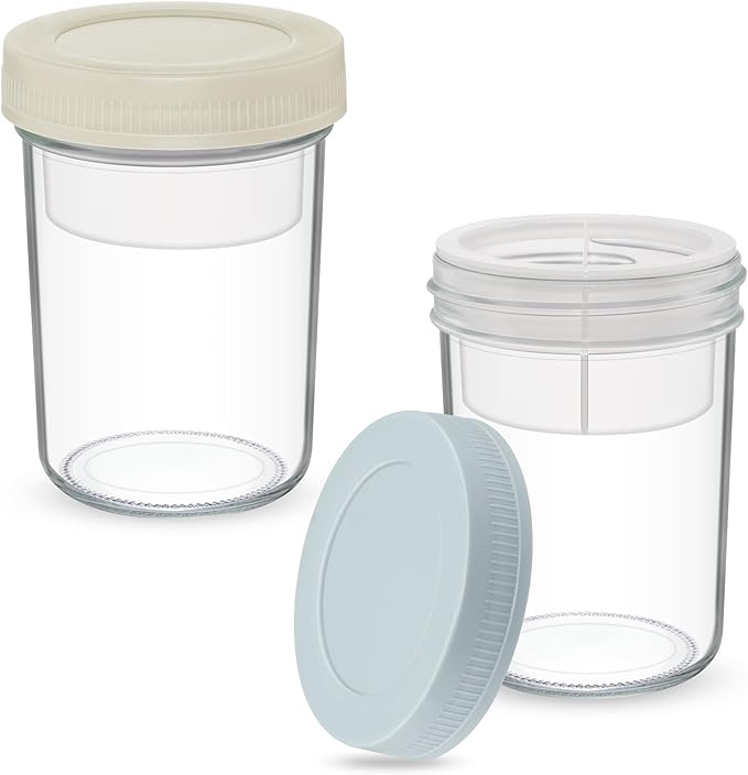 16 oz Overnight Oats Containers with Airtight Lids - 2-Pack Leak-Proof Wide Mouth Mason Jars & Divided Cups for Dried and Wet Foods, Glass Jars for Chia Pudding, Salad, Snacks, and Yogurt