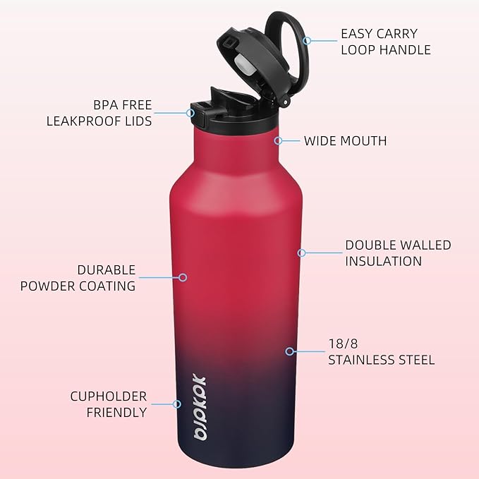 BJPKPK Insulated Water Bottle With Straw 17oz Stainless Steel Water Bottles With 2 Lids And Carry Handle Reusable Travel Metal Thermal Flask,Charming Black Red