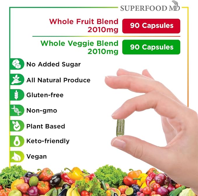 Superfood 180 Fruit and 180 Veggie Capsules - Whole Food Natural Superfoods - Maintain Energy Levels, with Aloe Vera - Soy Free (90 Count (Pack of 4)