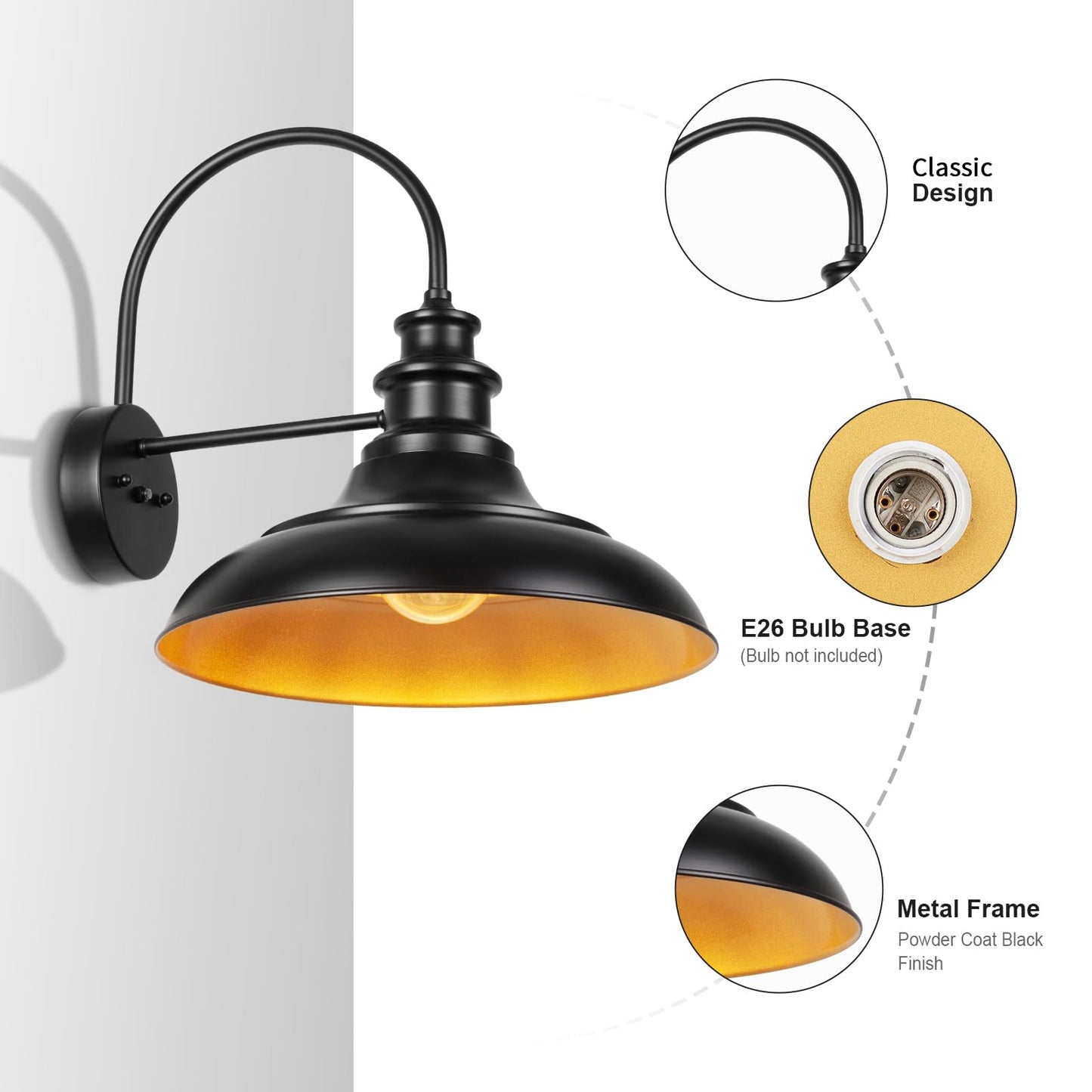 Diyel Outdoor Barn Light Fixtures  16 Inch Large Dome Farmhouse Exterior Wall Mount Lights  Rustic Wall Sconces Indoor Wall Lighting  Industrial Black Gold Lanterns For Porch  Garage  2 Pack