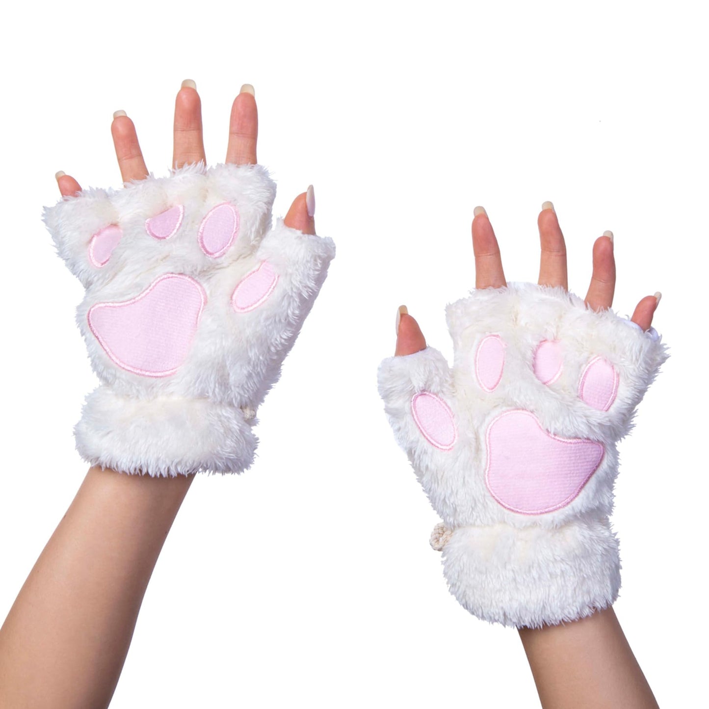 Vonokee Women Halloween Costume Cat Paws Gloves,Novelty Faux Fur Bear Paw Fingerless Mittens, Plush Lion Claw Gloves (White)