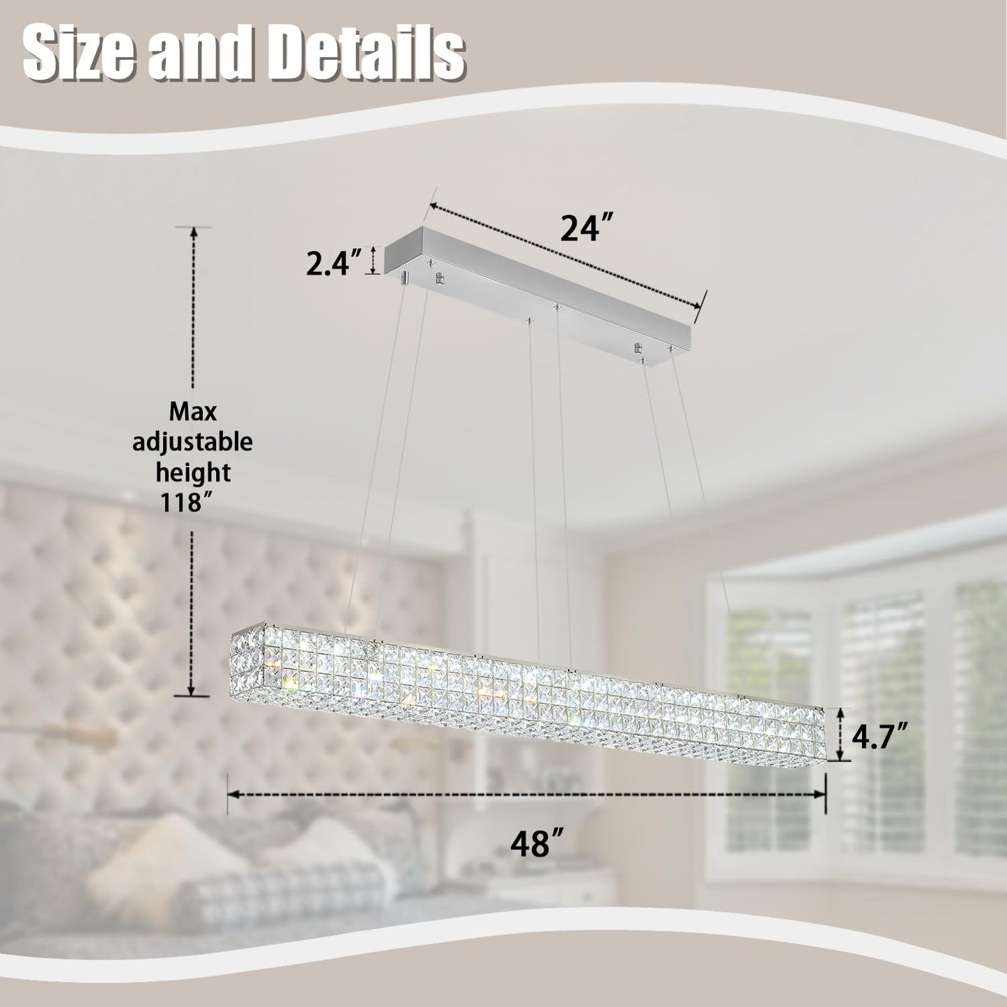 ykolupty Crystal Chandeliers - Modern Rectangular Pendant Light 48in Silver TP3009-CT-120Y for Dining Room, Kitchen Island