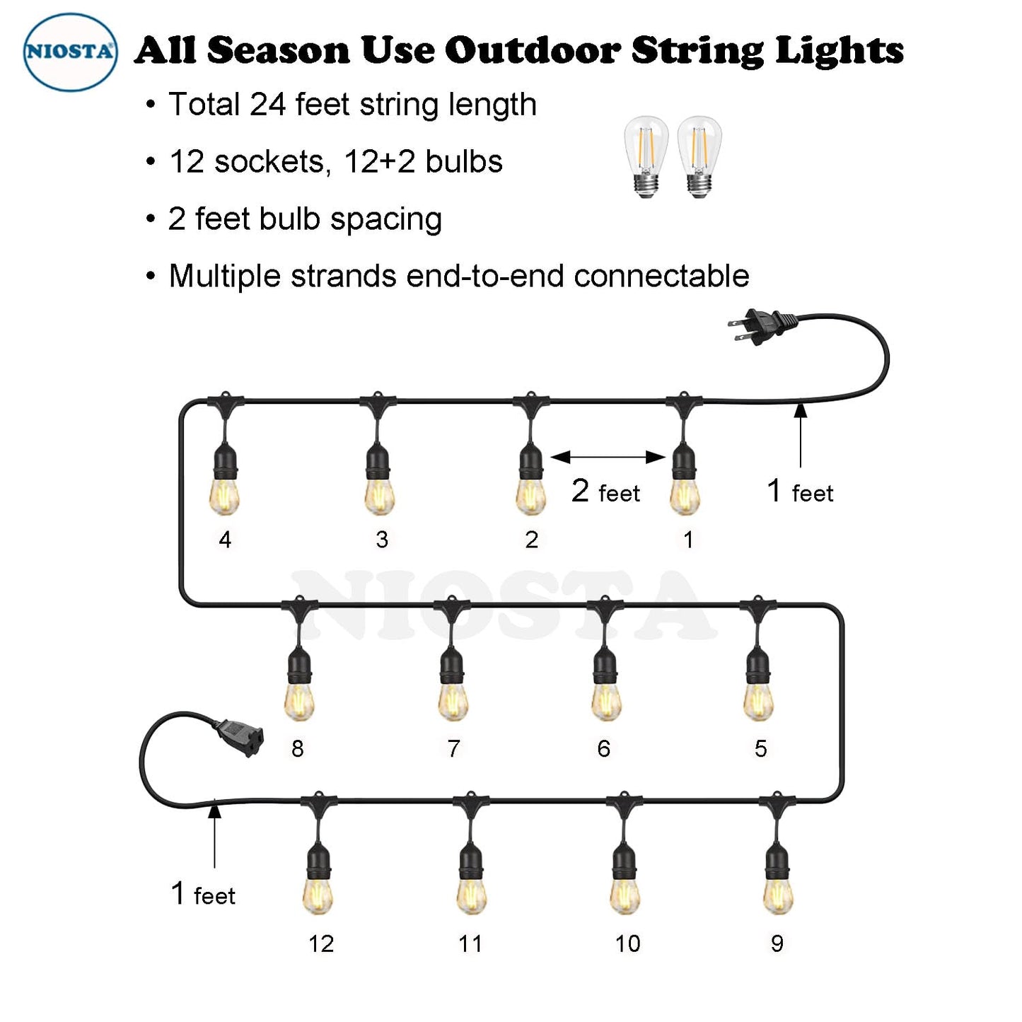 NIOSTA 24Ft Outdoor LED String Lights, 12 Dimmable Vintage Bulbs, Glass, 2700K, Model 43237-2