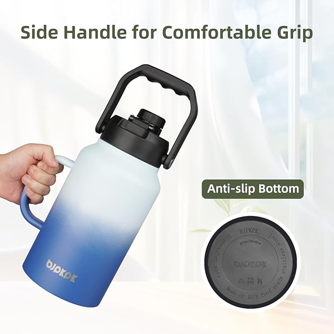 BJPKPK 87oz Insulated Water Bottle with Handle, Large Dishwasher Safe 2/3 Gallon Water Bottle, BPA Free Water Jug, Wide Mouth Metal Flasks with Anti-slip Bottom, Army Green & Black