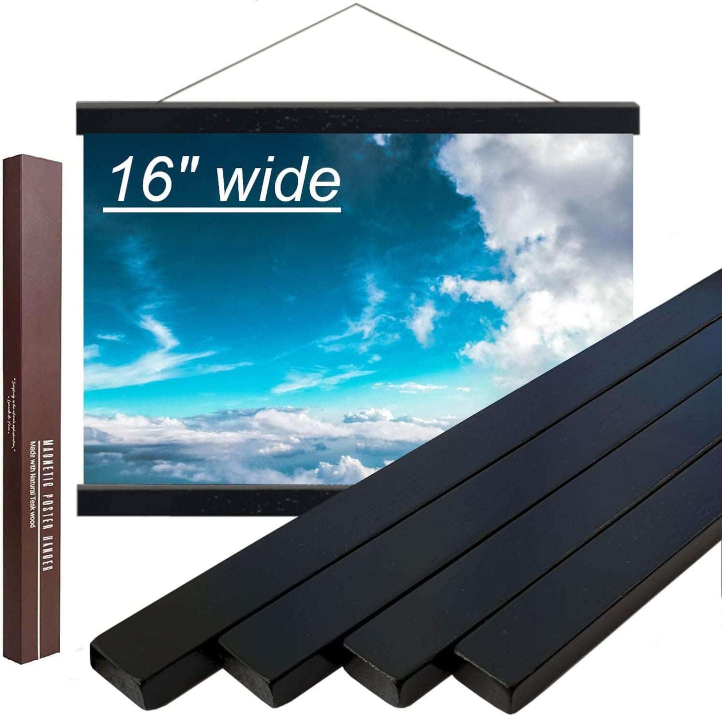 16" Sturdy Magnetic Poster Hanger Frame,Wooden Poster Frame 16x20 16x22 16x24, Solid Teak Wood, Strong Magnets for Easy Hanging Posters, Pictures, Canvas Scroll (16 Inch/40.6cm, Black)