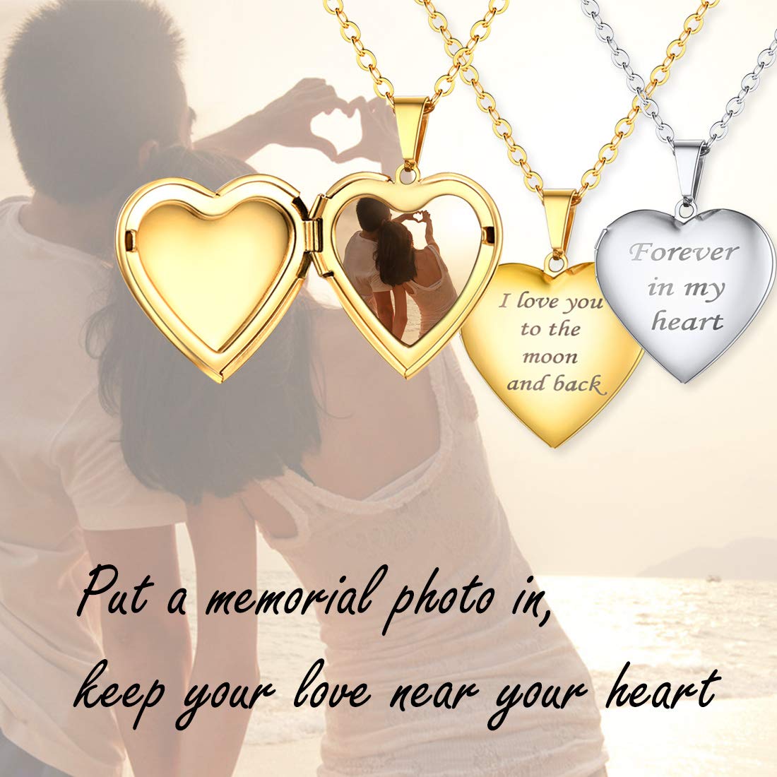 U7 Memorial Photo Locket Necklace Women Rose Gold Plated Stripe Heart Pendant with Chain 20 Inch