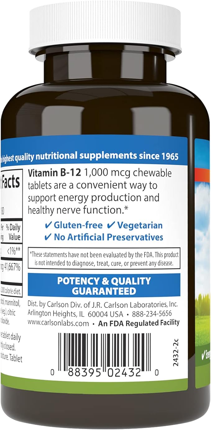Carlson - Chewable B-12, 1000 mcg, Energy Production, Nerve Function & Optimal Wellness, Lemon, 180 tablets