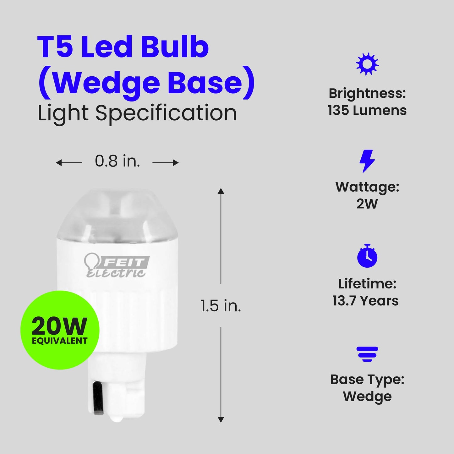 Feit Electric 2W Led Bulb, Dimmable Wedge Base, 20W Equivalent, 3000K Warm White, Model Lvw18/Led, 135 Lumens,