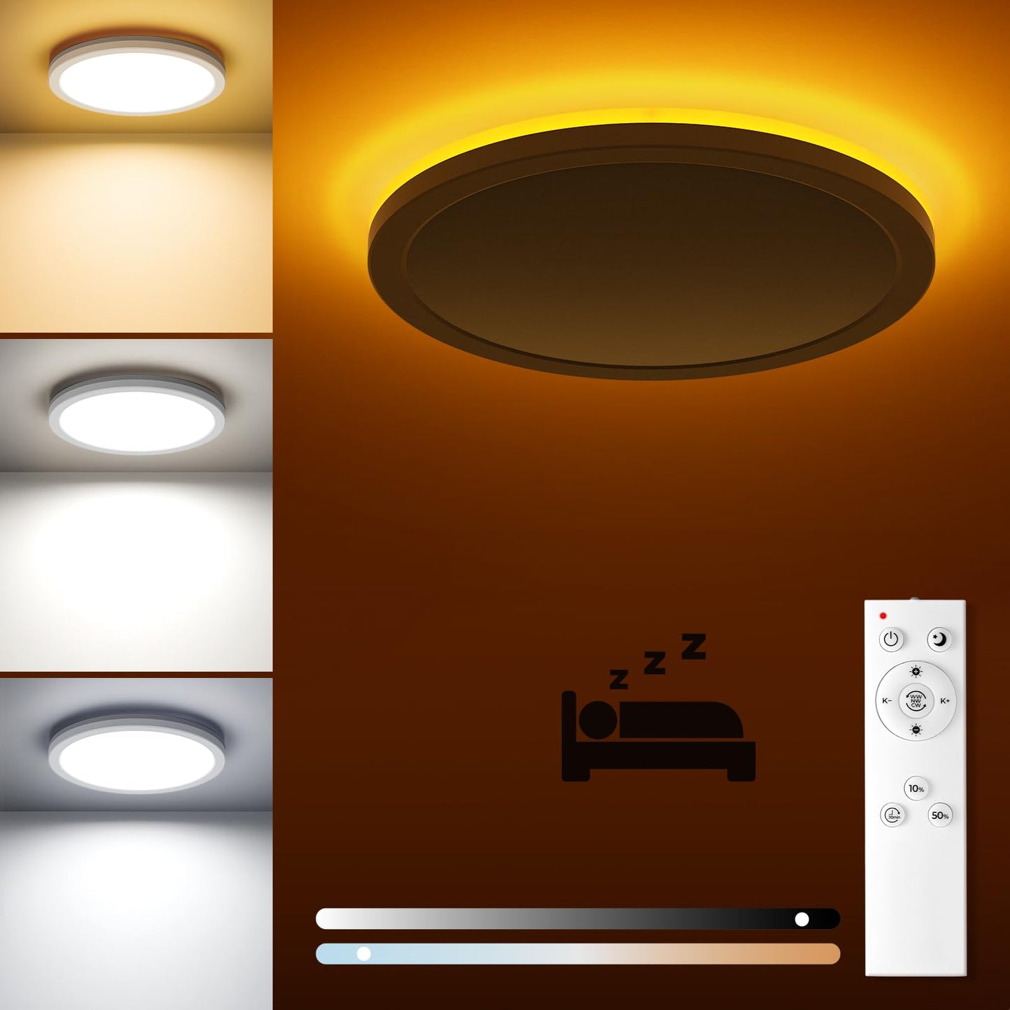 Matane Flush Mount Ceiling Light, LED 18W, Adjustable 3000K-6500K, 8.7in, White, Model LS-CL-G4-18W-Dim