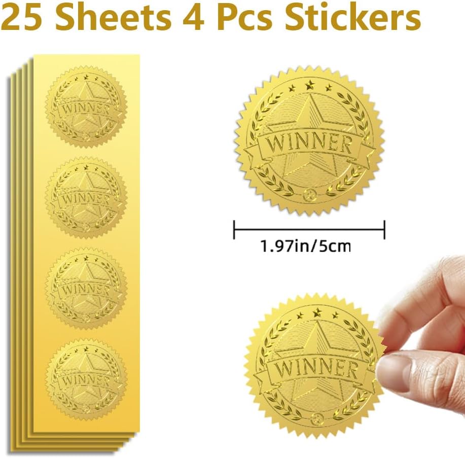 Peacoblue Gold Foil Stickers Seals Official Embossed 2 Inch 100Pcs Winner Star, Self Adhesive Gold Around Embossing Medal Stickers for Certificate Paper, Competition Reward, Awards, Envelope Seals