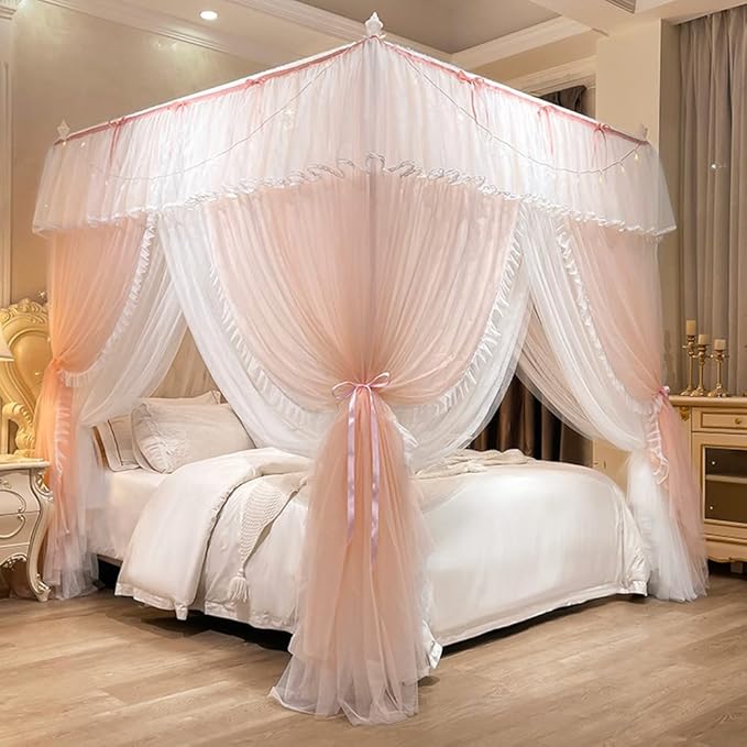 Mengersi Canopy Bed Curtains with Lights,4 Corner Bed Canopy Royal Luxurious Bed Drapes Netting,Princess Bed Curtains for Girls Adults Bedroom Decoration (Peach, Queen)