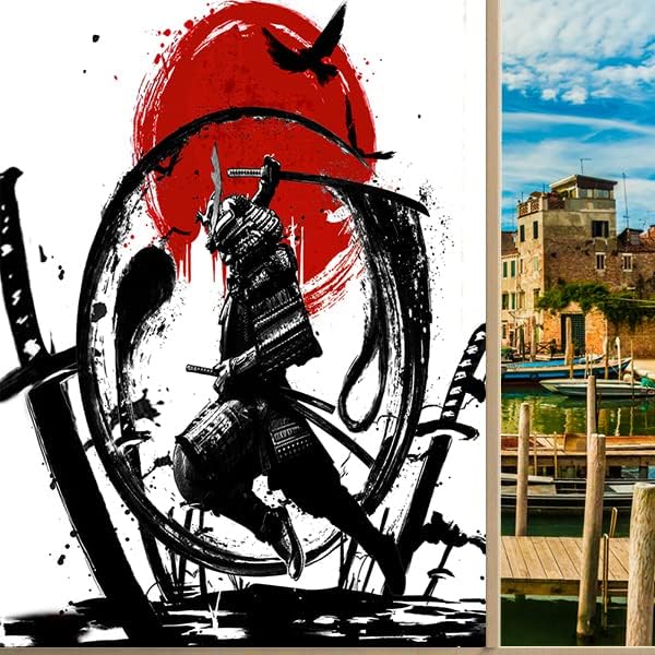 Japanese Samurai Decorative Window Film Watercolor Ink Samurai Sword Red Sun Printdining Room Window Film,Dorm Room Glass Film 17.7Wx23.6L-Inch X1Pcs
