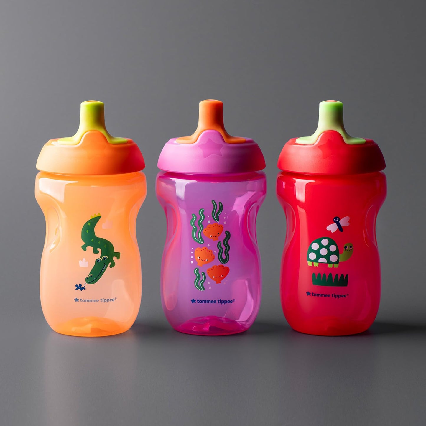 Tommee Tippee Sportee Bottle, Sippy Cup for Toddlers, 12 months+, 10oz, Spill-Proof, Bite Resistant Spout, Easy to Hold Design, Pack of 3, Pink, Red and Orange