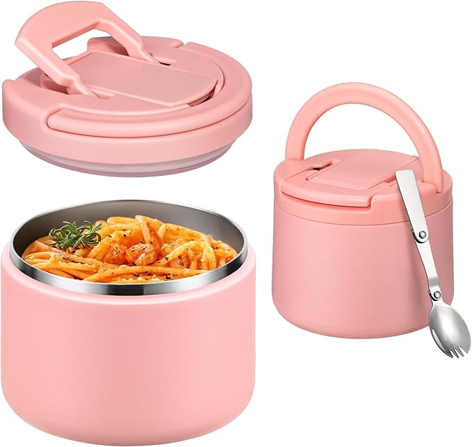 Soup Thermo for Hot Food Kids 14oz Lunch Containers with Buckle Lid Wide Mouth Hot Food Jar Vacuum Insulated Stainless Steel Bento Box Leakproof with Spoon(Pink)