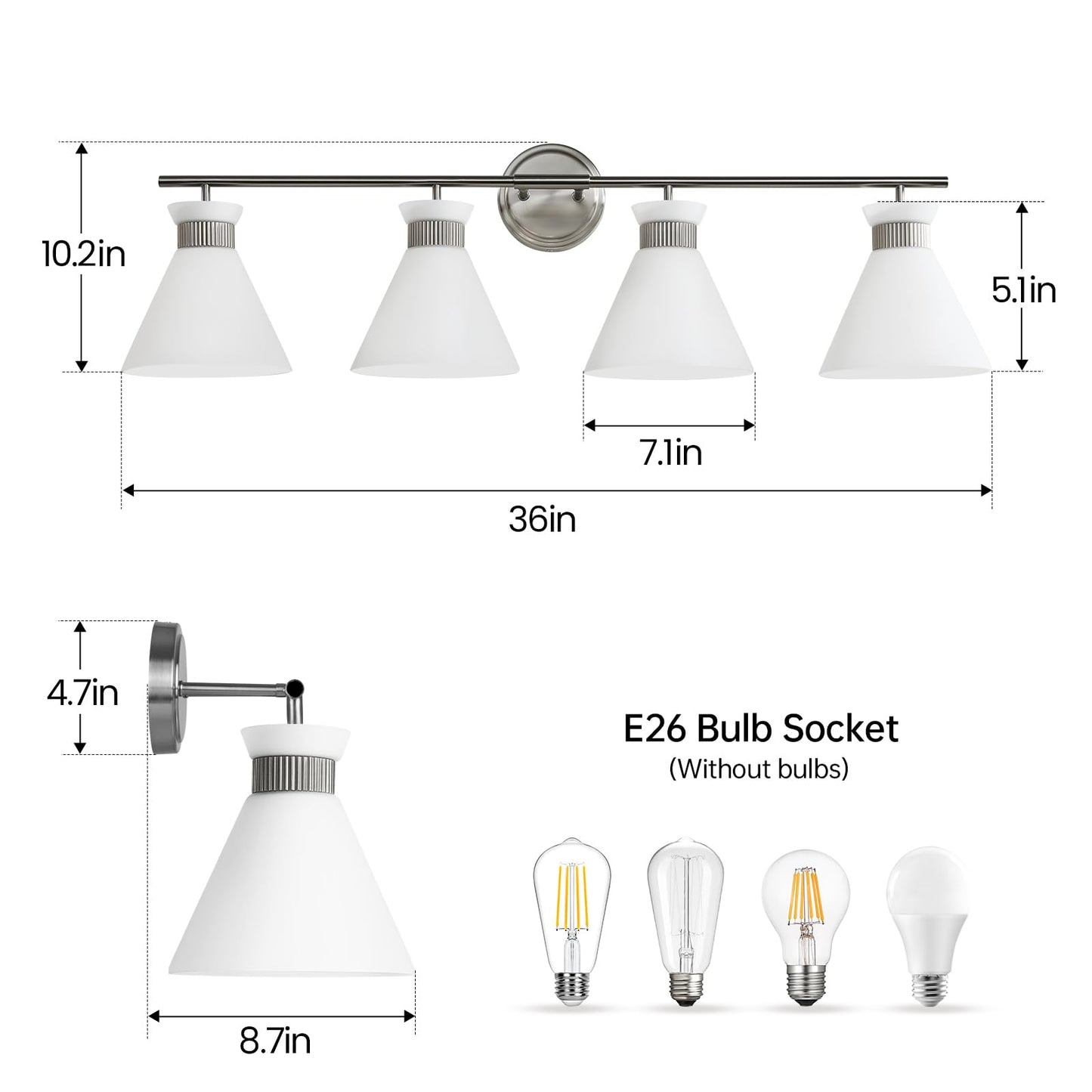 Woshitu Bathroom Light Fixtures: Brushed Nickel 4 Lights Bathroom Vanity Lights Over Mirror With Milky White Frosted Glass Shade  36 Inch Farmhouse Vanity Lighting Sconce (Exclude E26 Bulb)
