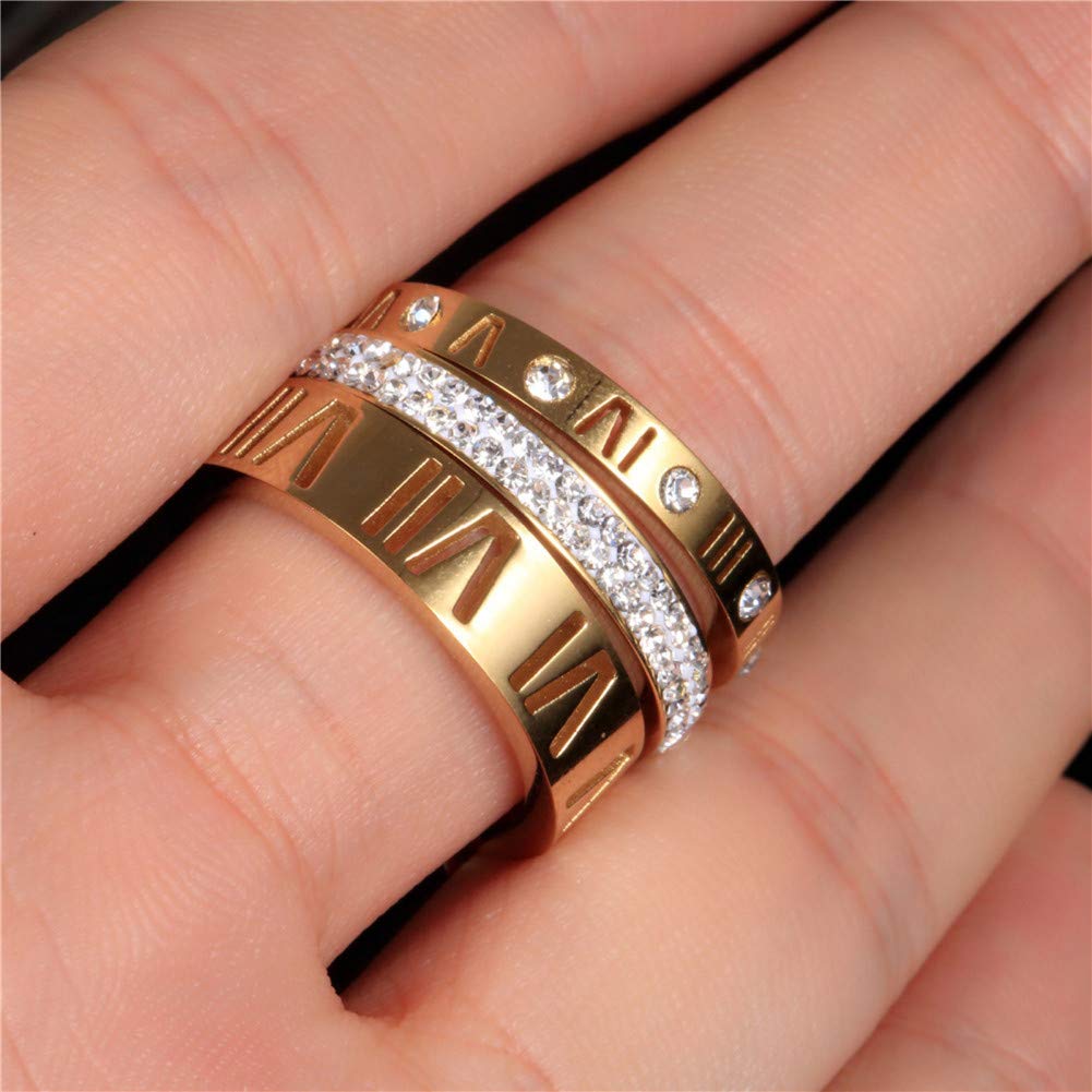 Jarlinwel Stainless Steel CZ Zirconia Roman Numeral Ring For Women Stacking Thumb 3 in 1 Spinner Rings (Gold, 7 Runs small)