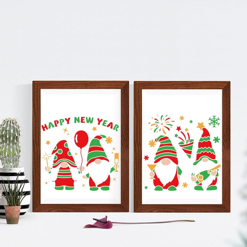 MAYJOYDIY 3pcs Happy New Year Gnome Stencil 11.8×11.8inch Reusable Christmas Gnome Stencils Fireworks Snowflakes Template with Paint Brush for Craft Wood Wall Home Decor