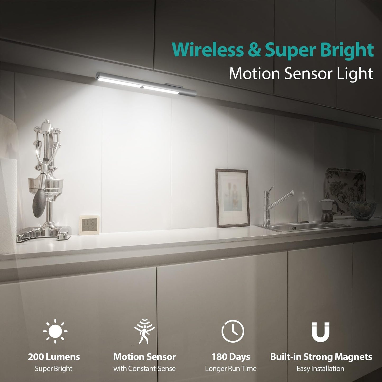 BLS T401 LED Closet Light - Battery Operated, Motion Sensor, 4500mAh, 6000K White Glow, Aluminum, Wireless Under Cabinet Lighting