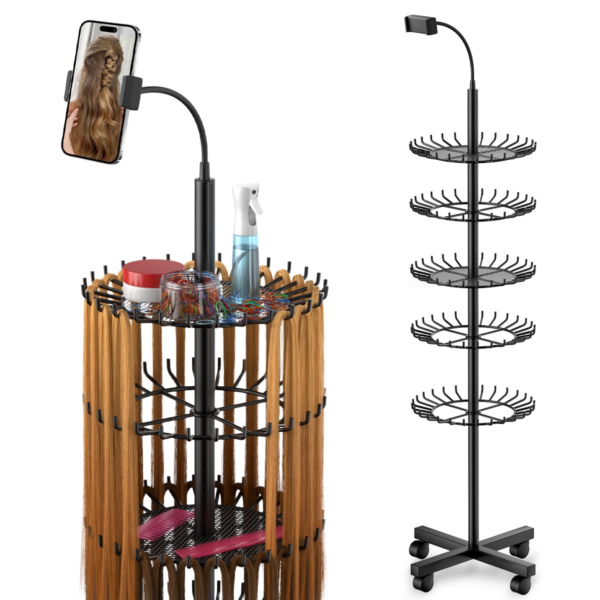 VIFOCUFY Braiding Hair Rack Standing Hair Extension Holder - 140 Pegs Braiding Hair Rack & Divider Stand with Phone Holder for D
