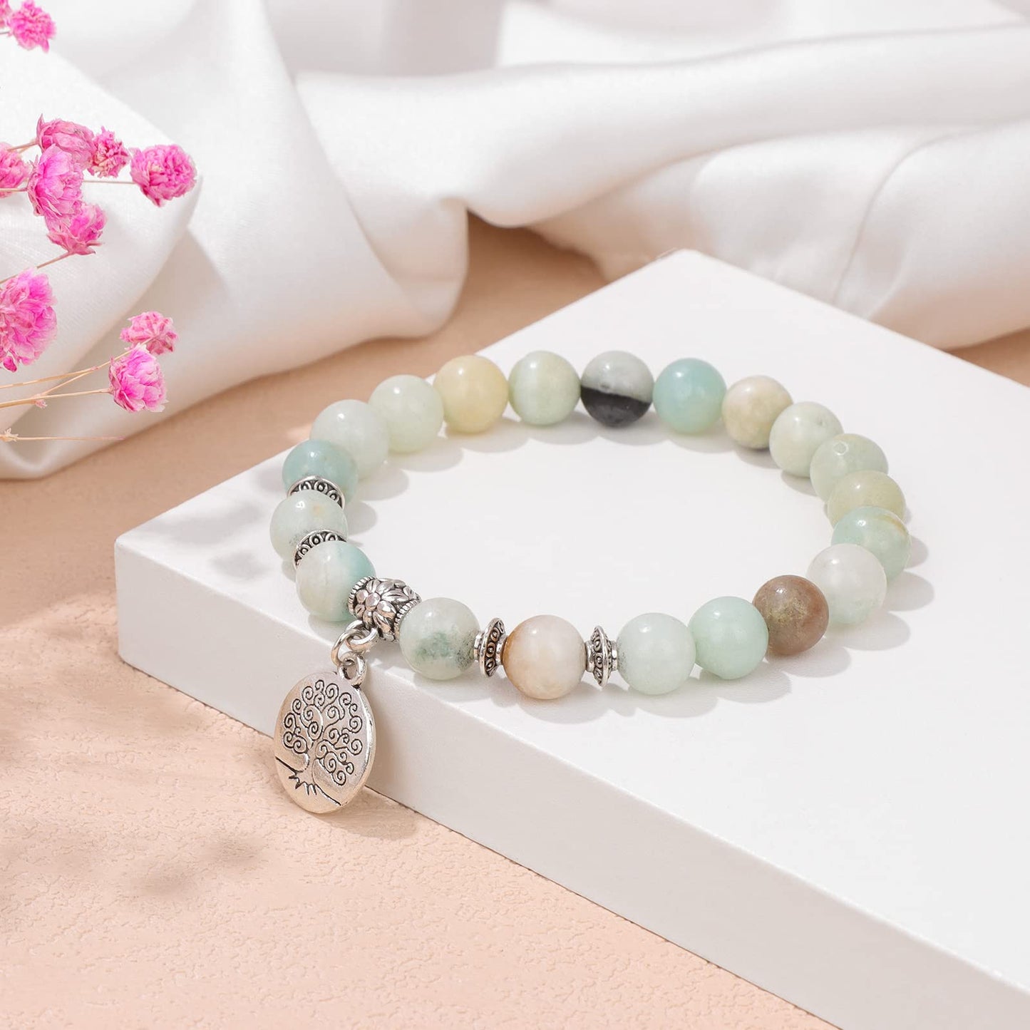 GolbalJew Healing Bracelet For Women Anxiety Amazonite Beaded Bracelets Jewelry Healing Stone Tree of Life Pendant Bracelet Stre