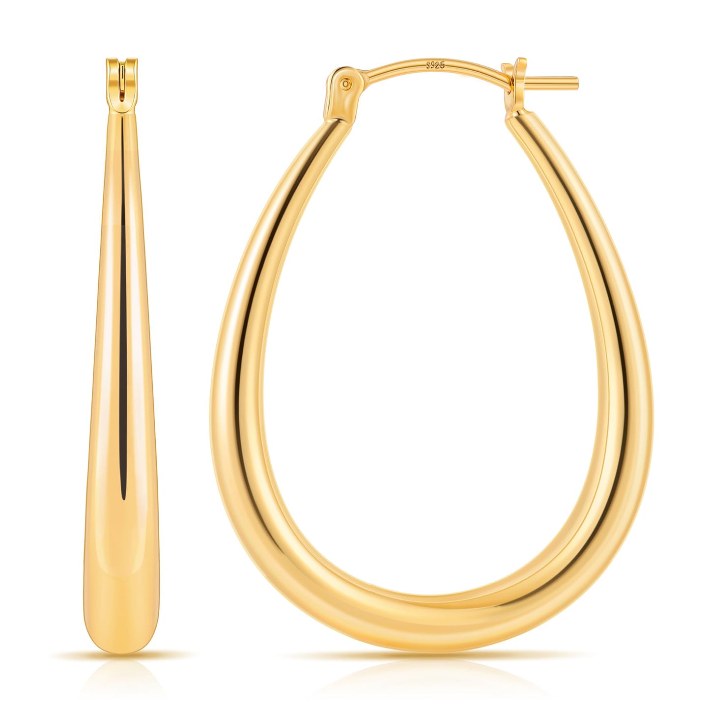 Gacimy Gold Chunky Hoop Earrings for Women, 14K Gold Plated Oval Hoop Medium Gold Earrings with 925 Sterling Silver Post