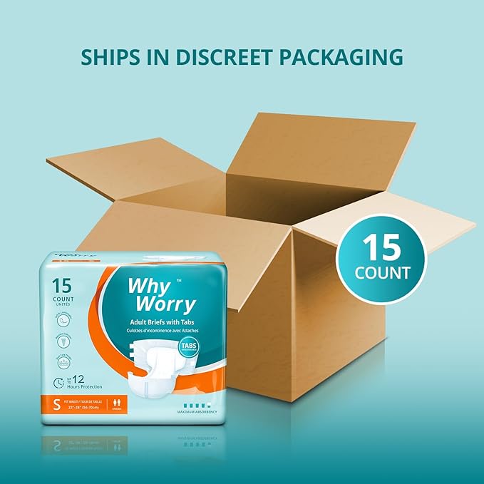 WhyWorry Adult Diapers with Tabs, Disposable Incontinence Briefs for Women & Men with Maximum Absorbency, Adult Briefs for Incontinence Overnight, Odor Control, Unisex, Small, 15 Count