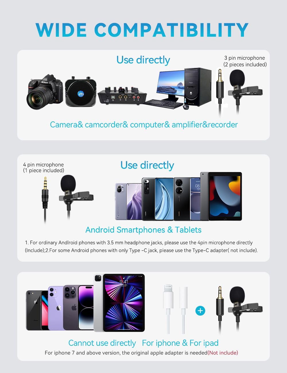 Huacam Lavalier Clip On Microphone, Portable Lav Mic For Android Smartphone Camera Podcast Laptop, Hands Free Recording Mic For