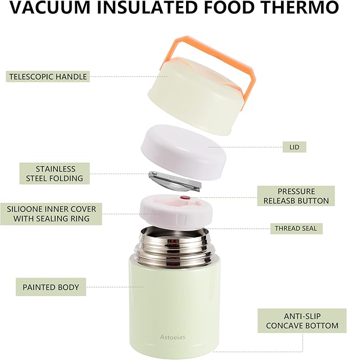 Insulated Thermo Soup Jar for Kids & Adults, 27 oz Stainless Steel Thermal Food Container with Spoon, Triple Layer Insulation (Green)