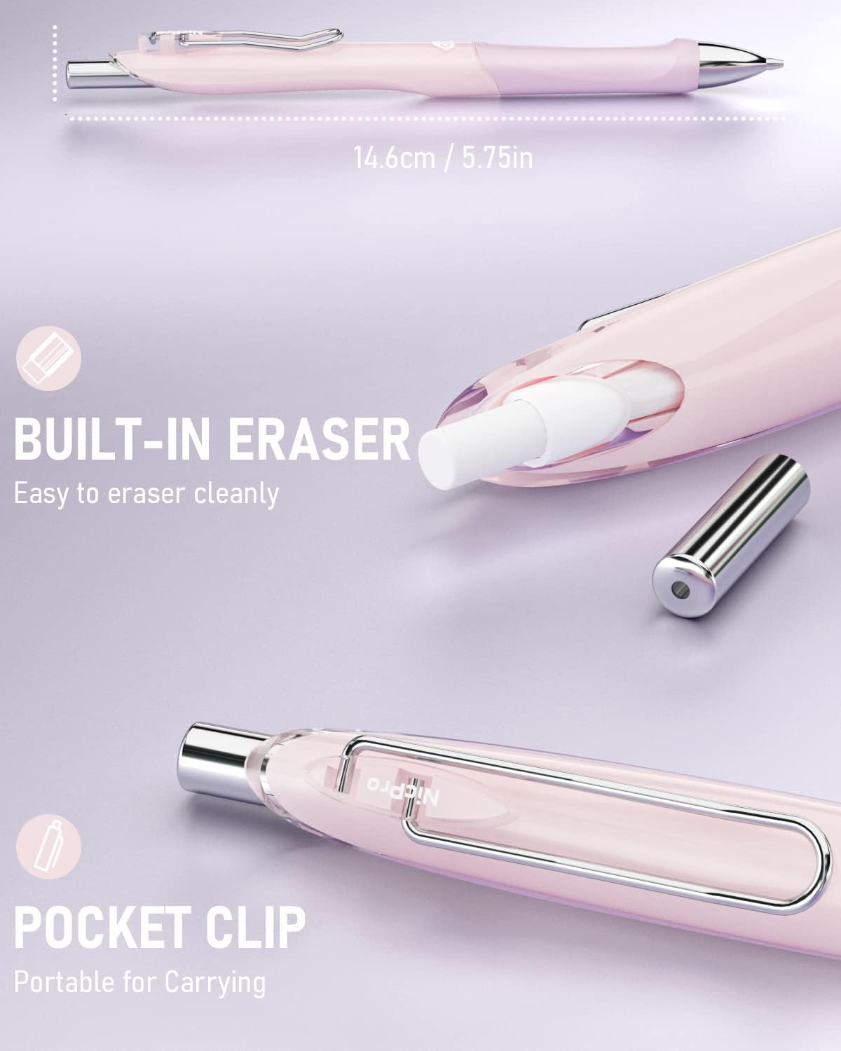 Nicpro 6PCS Pastel Mechanical Pencil Set 0.9 mm, Cute Mechanical Pencils 0.9 with Comfort Grip with 12 Tube HB Lead Refill, 3 Eraser, 9 Eraser Refill for Student Writing, Drawing, Sketching- with Case