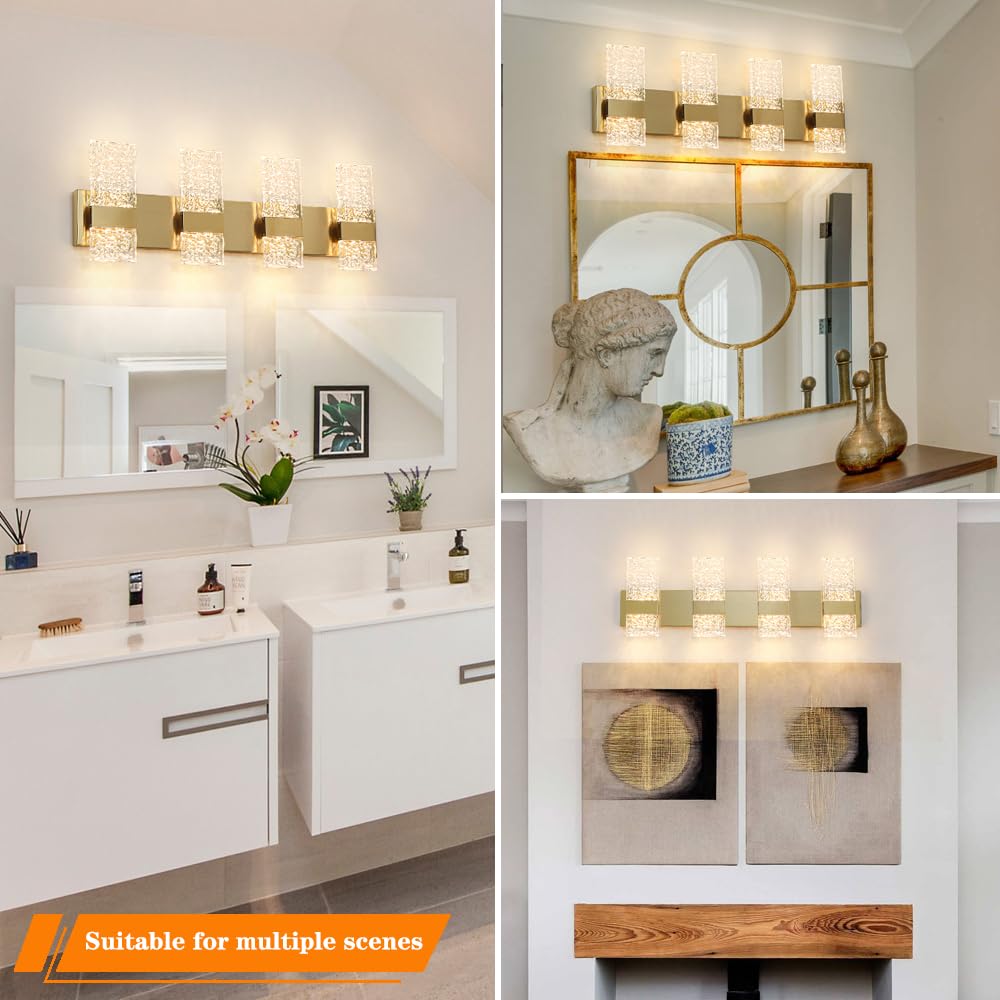 Modern Brushed Gold 8-Lights Bathroom Vanity Light  Eleglant Brass Led Bathroom Light Fixtures Over Mirror  Dimmable Acrylic Shade Wall Lighting Fixtures  Hardwired Wall Light(H9.25In  L28.35In)